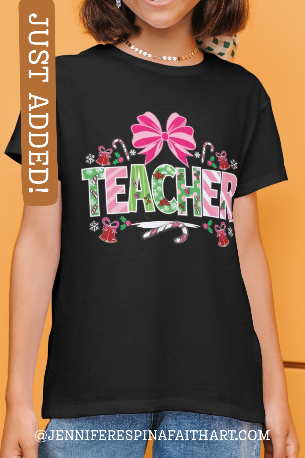 Christmas Gift for Teachers Pink Christmas Ribbon Pattern Alphabet Letters T-Shirt