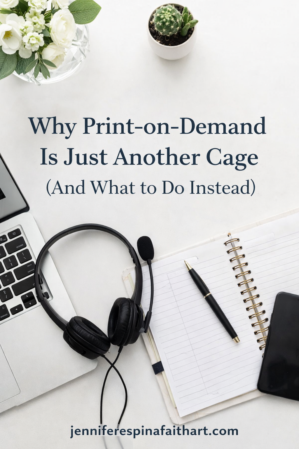 pinterest pin showing a headset, pen, laptop, notebook, succulent and flowers for call center agents.